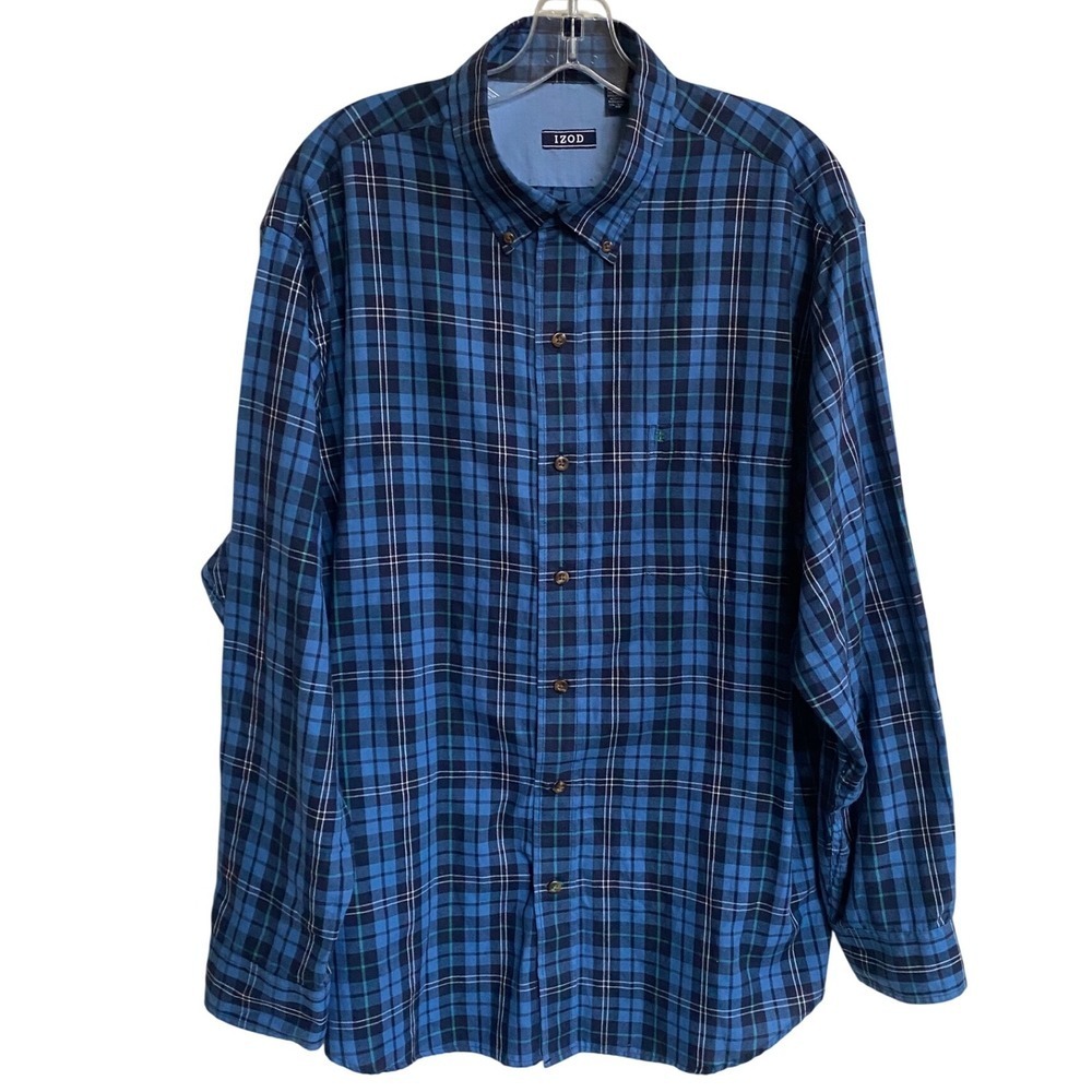 IZOD Men's Plaid Button Down Long Sleeve Shirt Blue Navy White Green - XL EUC